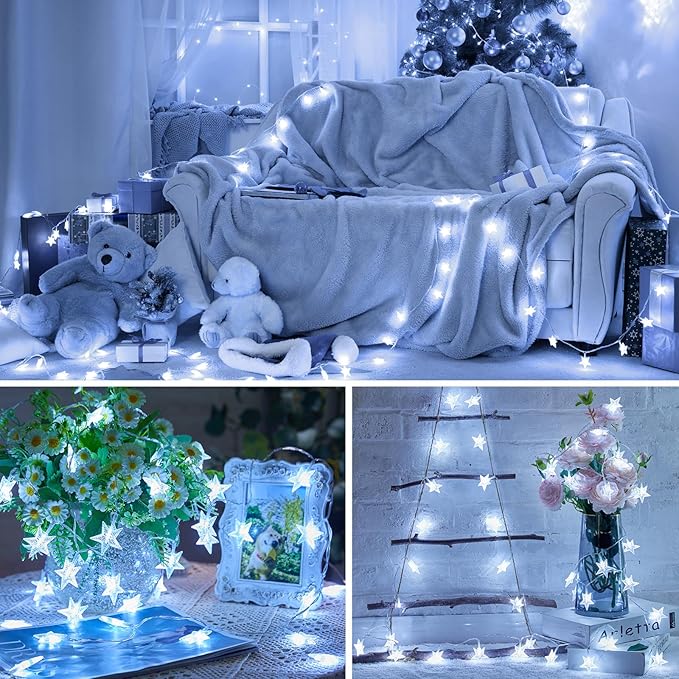 Minetom Star String Lights Battery Operated - 2 Pack 17 ft 50 LED Star Fairy String Lights with Timer, Waterproof for Indoor Bedroom Tent Loft Bed Patio Party Wedding Decor, White