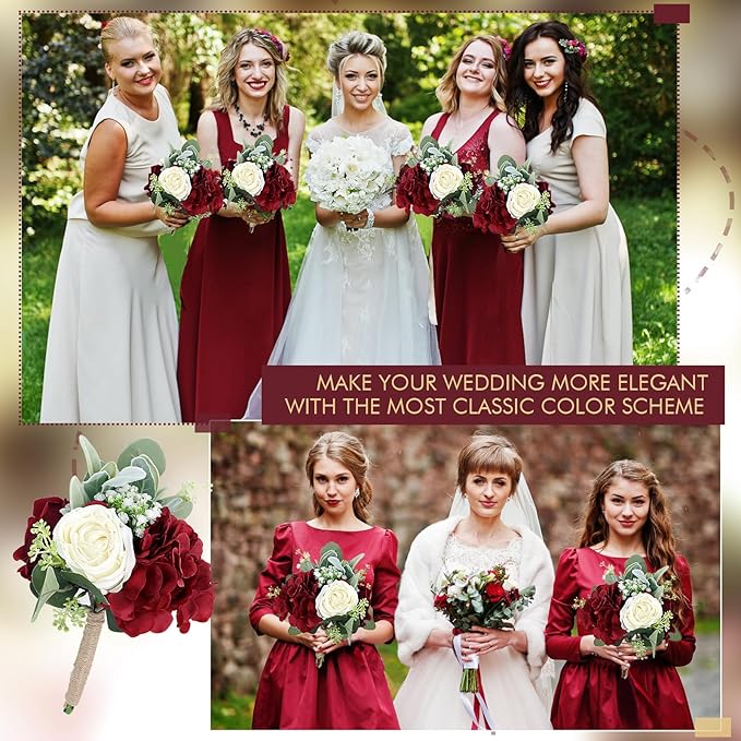 Artificial Flowers Bridesmaid Bouquets - Set of 2 Bridesmaid Bouquet Burgundy White Handmade Silk Floral Bouquet for Wedding Ceremony Anniversary, Bridal Shower, Home Table Decorations