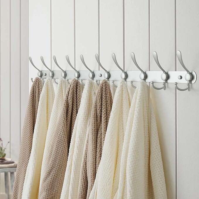 Dseap Coat Rack Wall Mount - 38” Long 10-Tri-Hooks Heavy Duty Coat Hanger Rail Wall Hooks for Hanging Coats Hats Clothing Clothes Purse Mudroom Entryway, Silver
