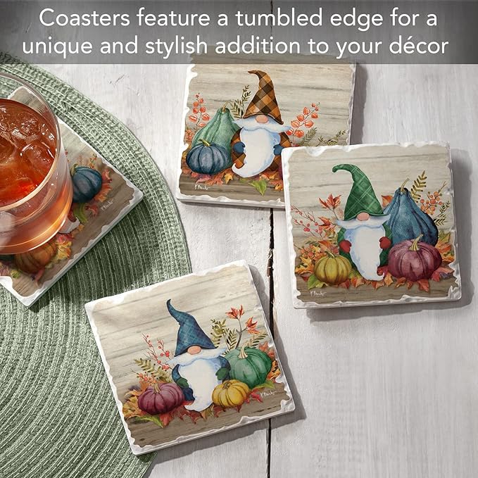 Thirstystone Autumn Gnomes 4 Pack Assorted Tumbled Tile Stone Coasters with Protective Cork Backing 4" Square Manufactured in The USA