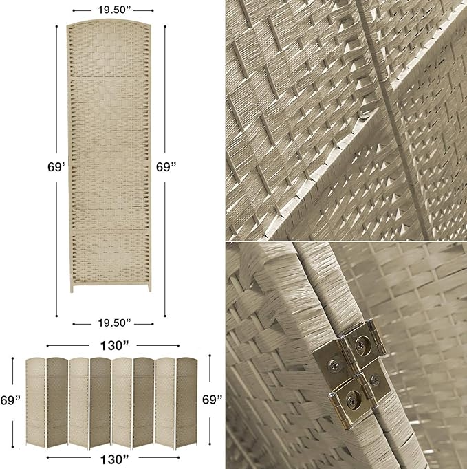 Sorbus Room Divider 6 ft. Tall - Privacy, Extra Wide Double Hinged Panels, Mesh Hand-Woven Design, Partition Room Dividers and Folding Screens, Wall Divider for Room Separation, Beige Wicker, 8 Panel