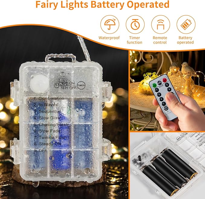 TingMiao Fairy Lights Battery Operated String Lights with Remote Control Timer, 33Ft 100 LED Waterproof 8 Modes Copper Wire Warm White Twinkle String Lights for Christmas (Warm White, 1 Pack)