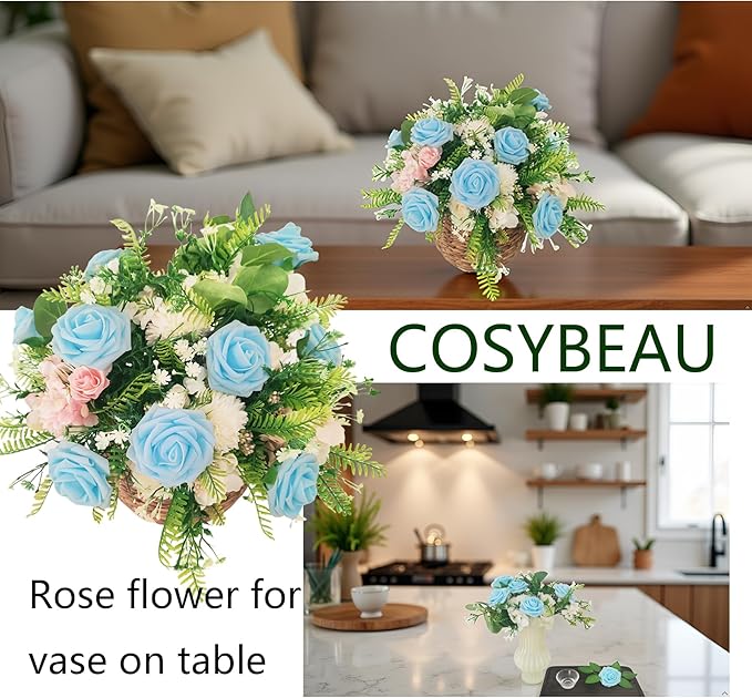 Artificial Rose Flowers 25pcs, Light Blue Foam Fake Rose Faux Flower for Wedding Bouquets Bridal Shower Centerpieces Floral Arrangements Home Decorations Party Backdrops Table