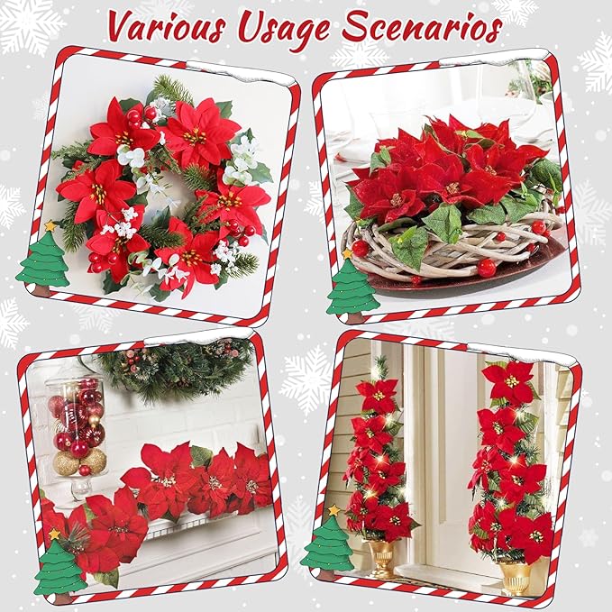 Christmas Decorations - 6 Pack Poinsettias Artificial Christmas Flowers, Fake Red Velvet Artificial Poinsettias Flowers for Christmas Tree Home Party Porch Yard Indoor Outdoor Decor
