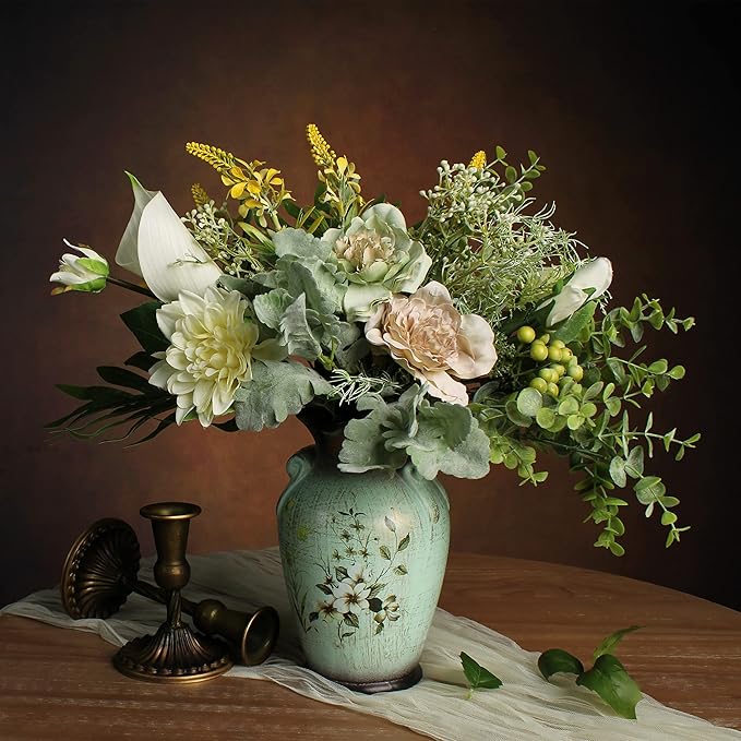 Faux Flowers in Ceramic Vase, Artificial Flower Arrangement Decoration for Home Kitchen Living Dining Room Coffee Table Centerpieces Deco