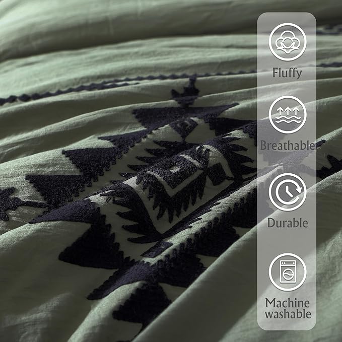 MaiRêve Olive Green Embroidery Comforters Set Queen Size - 7 Pieces, Farmhouse Western Bedding All Season Bed in A Bag Queen, Boho Comforter Set with Sheets, Pillowcases & Shams