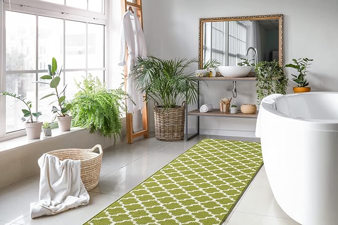 Custom Size Moroccan Trellis Runner Rug Mat for Wide Hallway Entryway Kitchen Laundry Room with Slip Resistant Latex Rubber Backing, Trellis Green, 31 inch X 15 feet