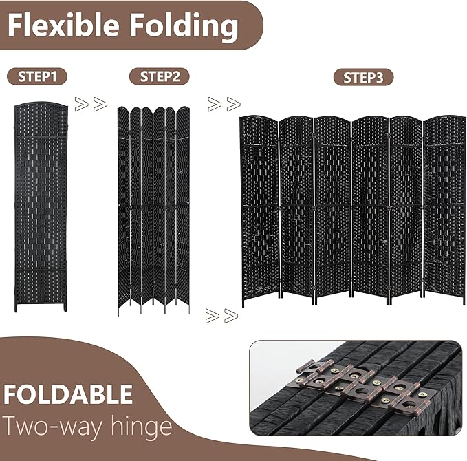 Room Divider 6 Panel Folding Privacy Divider 6 Ft Indoor Wall Divider Portable Partition Wood Screen, Black