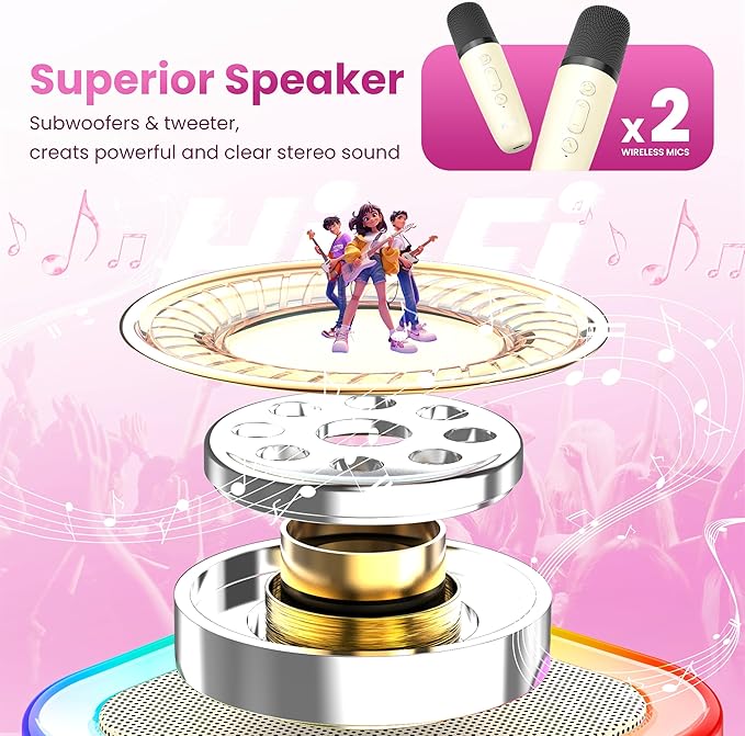 Mini Karaoke Machine for Kids Adults, Kids Toys Karaoke Microphone Singing Speaker, Karaoke Player with 2 Wireless Mic Party, Birthday Gifts for Girls Ages 4, 5, 6, 7, 8, 9, 10, 12+ Years Old(Beige)