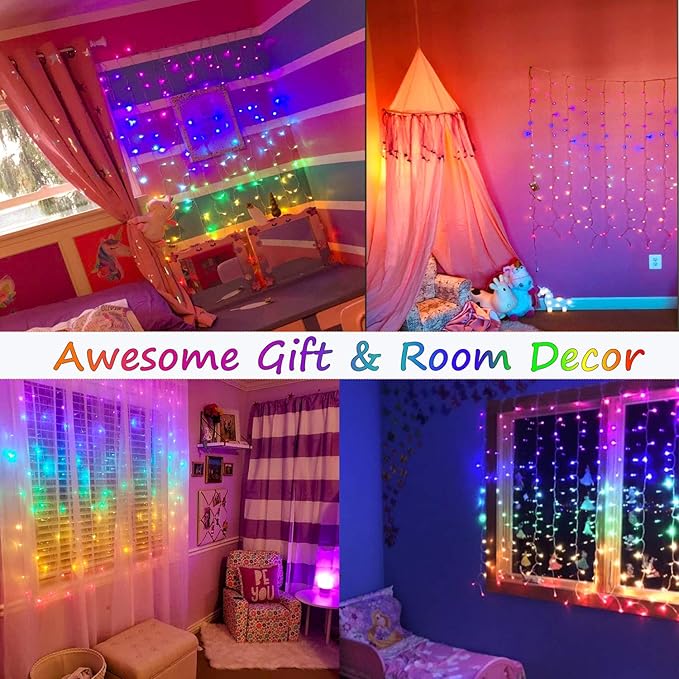 Rainbow Fairy String Curtain Lights with Remote, Twinkle LED Ombre Light Curtain for Girls Room, Bedroom, Teen Room, Kid's Room, Unicorn Theme, Party, Christmas Décor Gift (Rainbow)