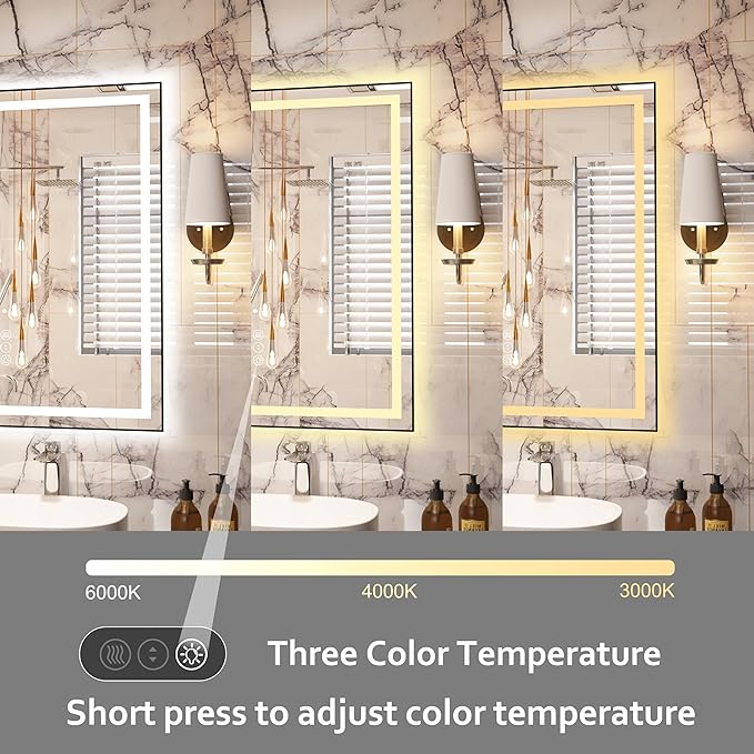 36"x 24" LED Bathroom Mirror with Black Frame, Bathroom Mirror with Lights Front and Backlit, Lighted Mirror Stepless Dimmable, Anti-Fog, Memory, LED Vanity Mirror with Lights 3 Colors