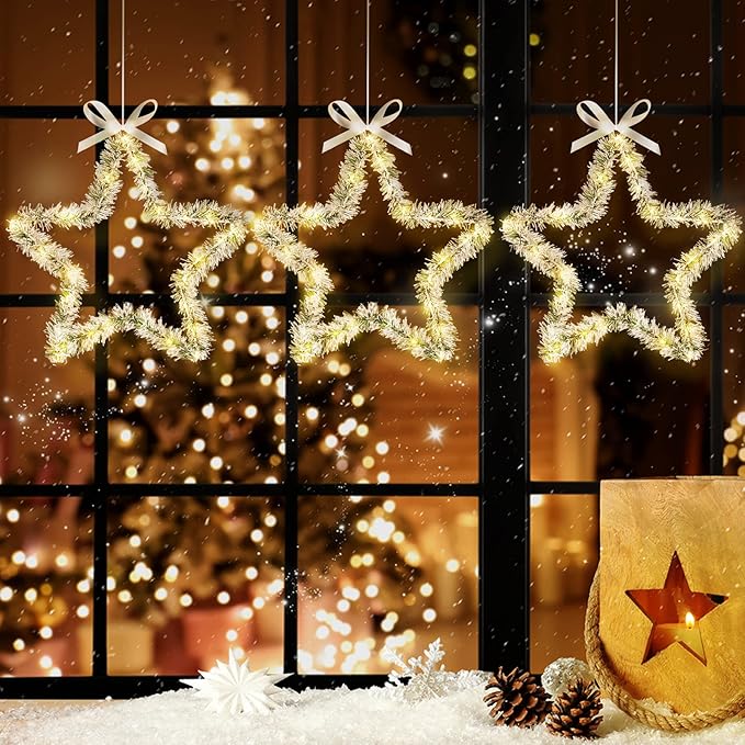 MAOYUE Christmas Window Lights 3 Pack Christmas Star Lights with Snow Pine Leaves Battery Operated Christmas Lights for Outdoor Christmas Decorations, Window, Indoor, Door, Porch, Party, Warm White