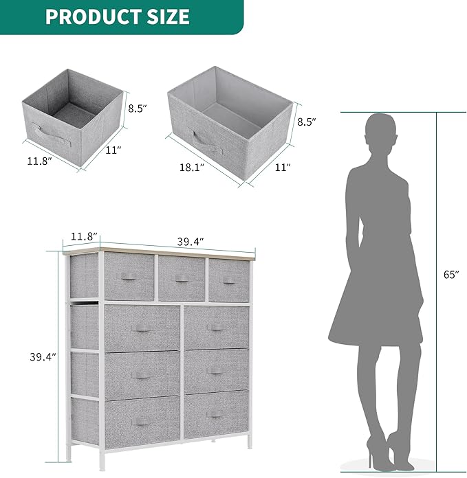 YITAHOME Dresser with 9 Drawers - Fabric Storage Tower, Organizer Unit for Room, Living Room, Hallway, Closets - Sturdy Steel Frame, Wooden Top & Easy Pull Fabric Bins (Light Gray)