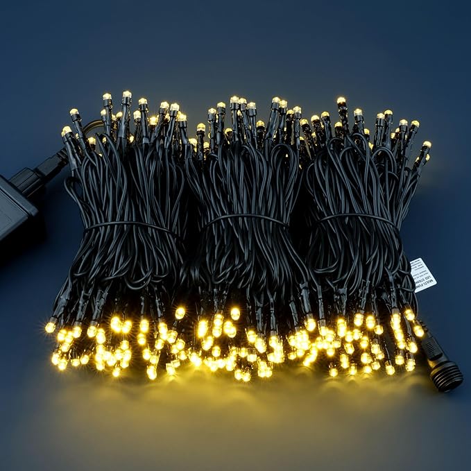 YULETIME 100 ft 300 Count Warm White LED String Lights with 8 Models Adapter, Black Wire Wide Angle 5mm Christmas Lights (Warm White - Black Wire)