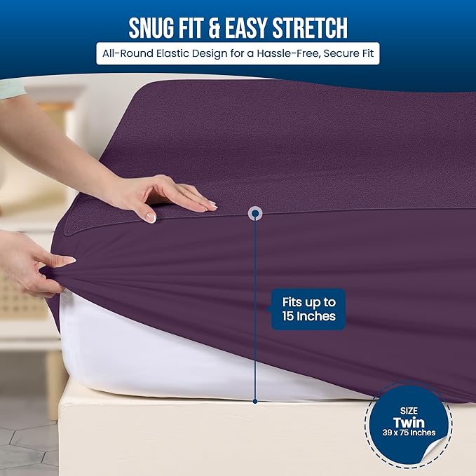 Utopia Bedding Waterproof Mattress Protector Twin Size, Premium Terry Mattress Cover 200 GSM, Breathable, Fitted Style with Stretchable Pockets (Purple)