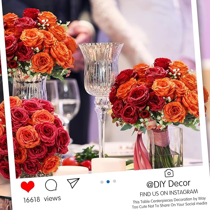 Geosar 16 Bundles Artificial Peonies Flowers Fake Silk Peony Bouquet Faux Peonies Flowers Bulk for Decoration Vase Floral Arrangements Wedding Party Table (Orange,Dark Red)