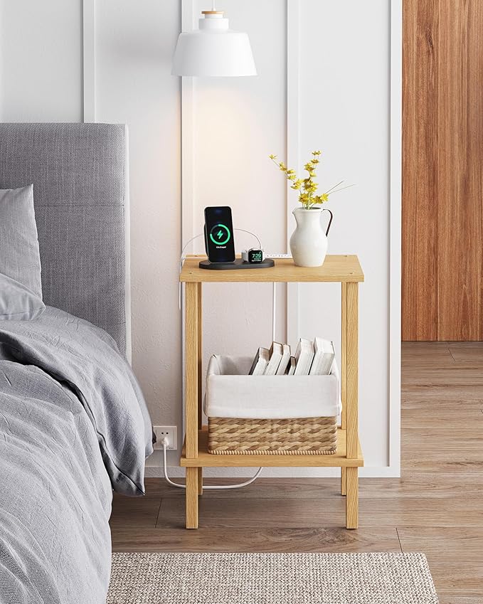 TUTOTAK End Table with Charging Station, Small Side Table with Outlets, Nightstand Bedside Table, 2-Tier Storage Shelf for Small Space, Living Room, Bedroom, Natural TB01BN040