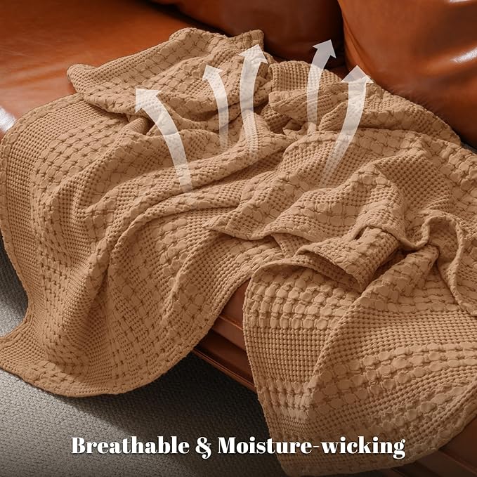 PHF 100% Cotton Waffle Weave Throw Blanket, Soft Lightweight Breathable Cozy Throws for Couch Bed Sofa, Luxury Aesthetic Woven Blanket for Home Decor & Office, 50"x60", Clay