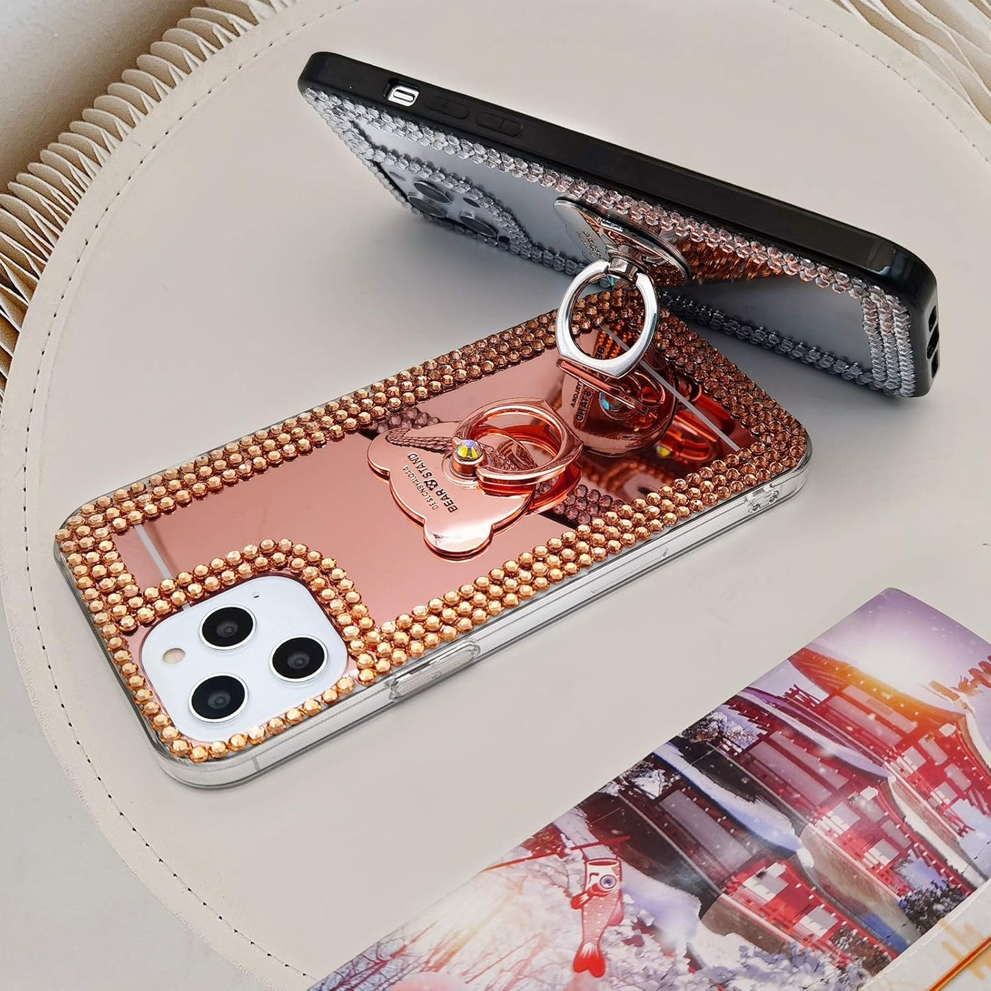 LUVI 6.7 inch Compatible iPhone 12 Pro Max Diamond Glitter Case with Makeup Mirror, Ring Holder, Bling Rhinestone