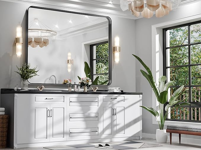 Hasipu Black Bathroom Wall-Mounted Mirror 50x40 Inch Rounded Rectangle Vanity Mirror Metal Framed Wall Mirrors Anti-Rust Surface Mount Over Sink (Hangs Horizontal or Vertical)