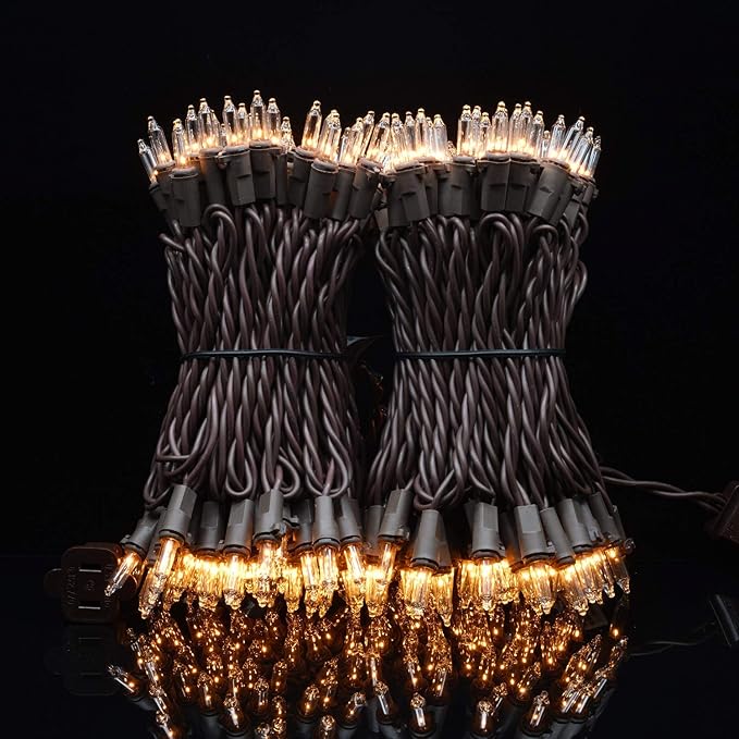 YULETIME Clear Christmas Lights with Brown Wire, 66 Feet 200 Count UL Certified String Lights, Pack of 2 Sets 33 Ft 100 Count Incandescent Mini Light Set (Clear)