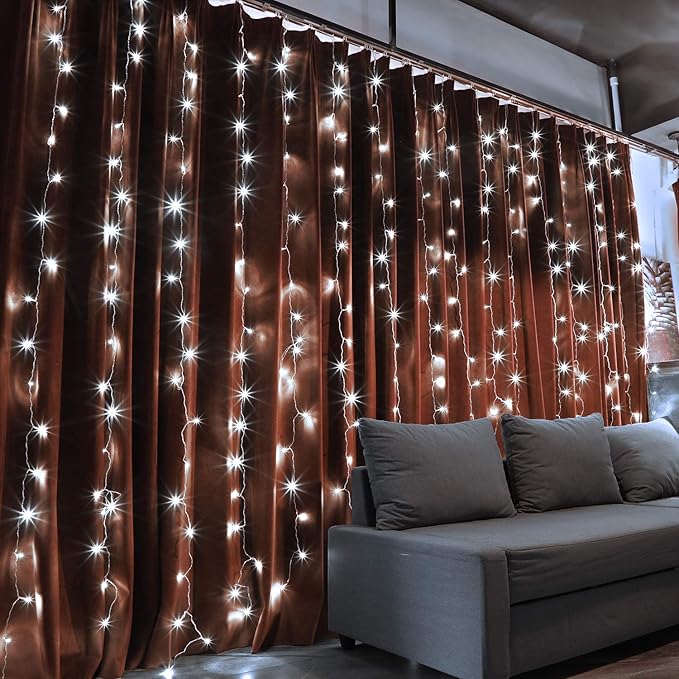 TORCHSTAR 9.8FT × 9.8FT Window Curtain Light, Extendable String Light Kit, Pure White, 8 Modes Outdoor Nativity Scenes for Party, Wedding, Restaurant, Festival, Hotel, Bar, Home, Patio, Garden