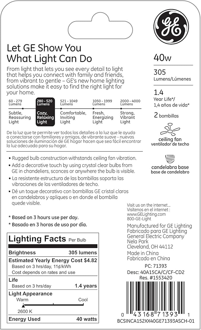 GE Lighting Decorative A15 Incandescent Ceiling Fan Light Bulb, 40-Watts, Crystal Clear, 2-Pack