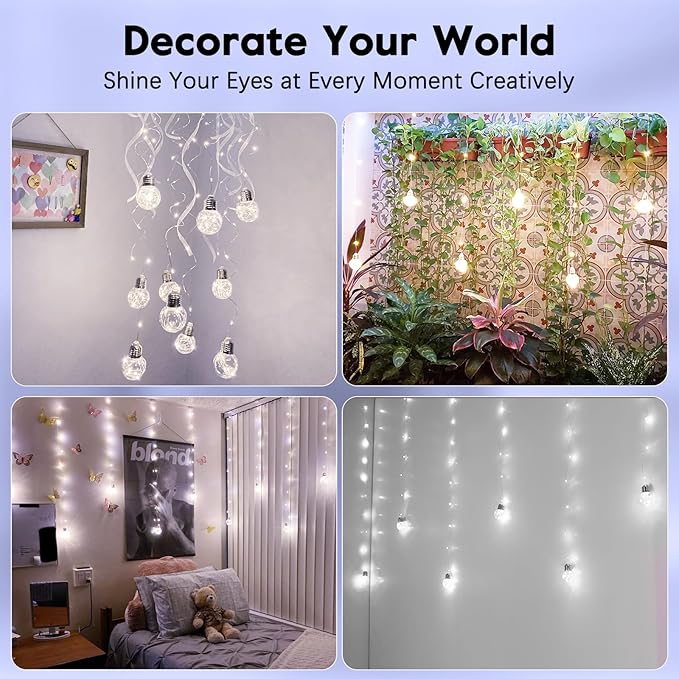 Minetom 200 LED Wishing Ball Curtain Lights - Fairy String Lights with Remote, USB Powered Waterproof for Christmas Wedding Party Bedroom Decoration, Pure White