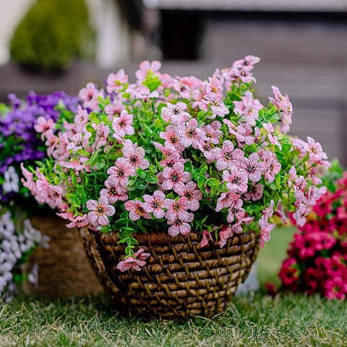 Artificial Flowers for Outdoors Fake Plants - 16 Bundles Faux Outside Greenery Boxwood No Fade Plastic Shrubs Fall Decor Farmhouse Home Garden Thanksgiving Mums (Pink)