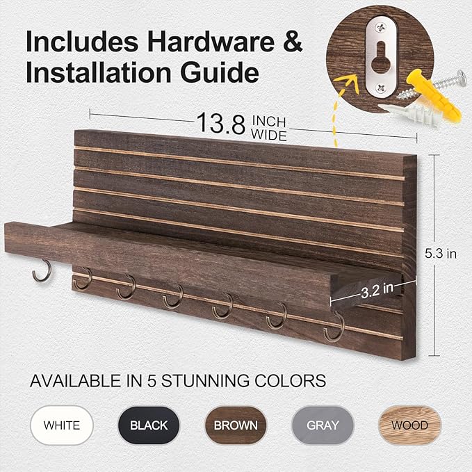 Decorative Key Holder for Wall with Shelf, Entryway Shelf with Hooks Holds Leashes, Jackets and Glasses – Sturdy Wood Keyholder Entrance Hanger with Mounting Hardware (Brown, Large)