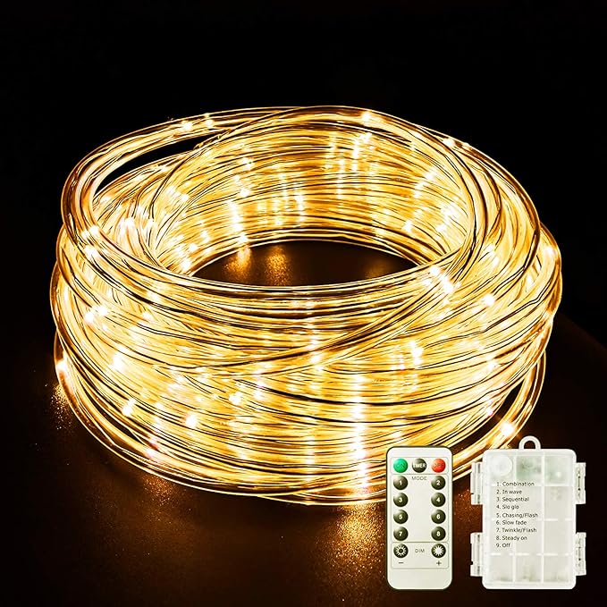 LED Rope Lights Battery Operated String Lights 40Ft 120 LEDs 8 Modes Hanging Fairy Lights Dimmable/Timer with Remote for Camping Party Halloween Christmas Decoration (Warm White)