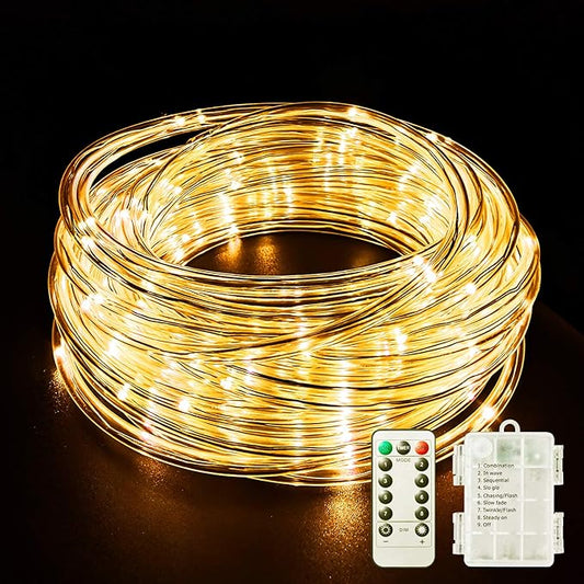 LED Rope Lights Battery Operated String Lights 40Ft 120 LEDs 8 Modes Hanging Fairy Lights Dimmable/Timer with Remote for Camping Party Halloween Christmas Decoration (Warm White)