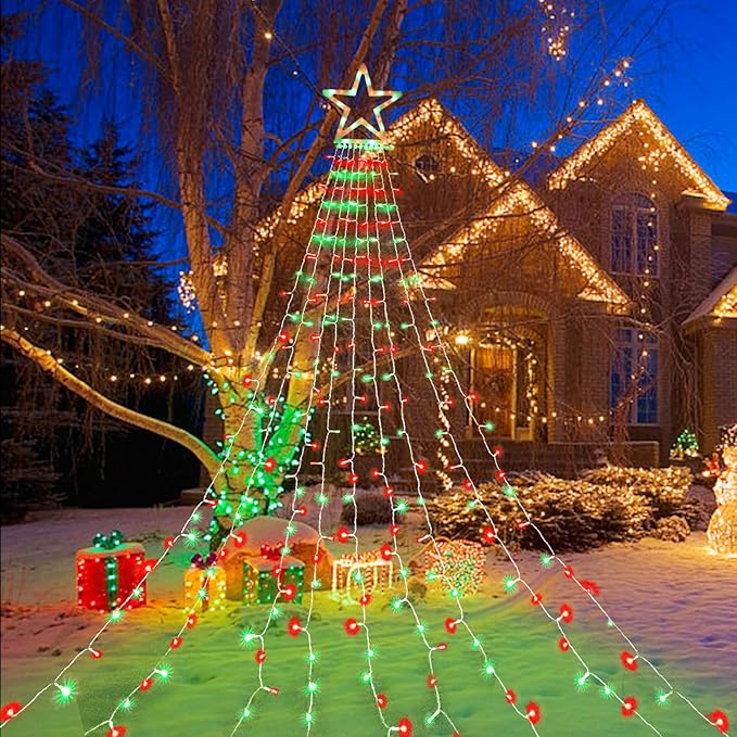 FUNIAO Christmas Decoration Lights - 320 LED Star String Lights Tree Topper with 12" Star for Yard, Garden, Wedding, Party - Red & Green