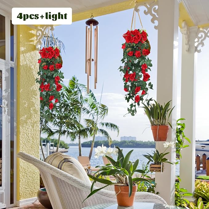 RECUTMS Hanging Flowers Artificial Hanging Rose Flower 2PCS 3.3Ft for Outdoors with 30 LED Fairy String Lights for Indoor Wall Wedding (Red)