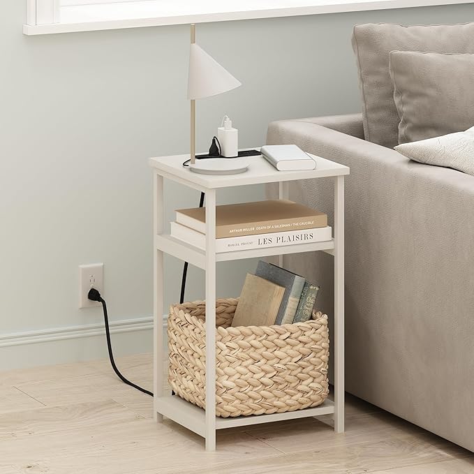Furinno Moretti Side Table, 3-Tier End Table with Charging Station, Metal Frame Night Stand, Bedside Table with USB and Type-C Charging Port, for Living Room, Bedroom, White
