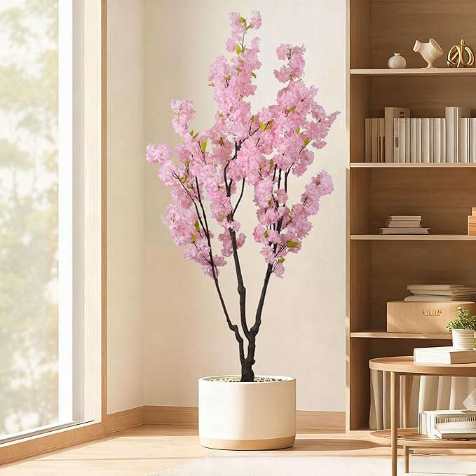 Faux Pink Cherry Blossom Tree 6.5ft(78in) Tall Artificial Plant Indoor Decor Handmade Natural Fake Sakura Tree for Wedding Realistic Silk Cherry Floral in Pot for Home Living Room,Office,Outdoor Decor