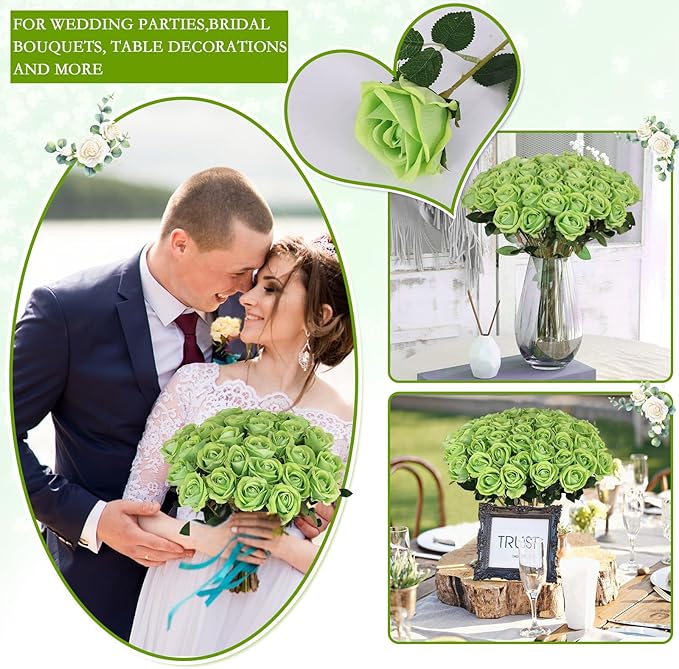 Hananona Artificial Roses in Bulk, Fake Silk Roses Realistic Green Roses for Wedding Centerpieces Flower Arrangement St Patricks Day Home Decor (50, Light Green)