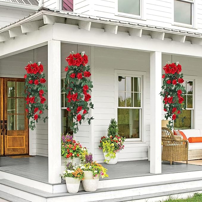 RECUTMS Hanging Rose Flowers Artificial Vine PlantsFlower Garland for Home Room Garden Wedding Indoor Outdoor Decoration (Red)