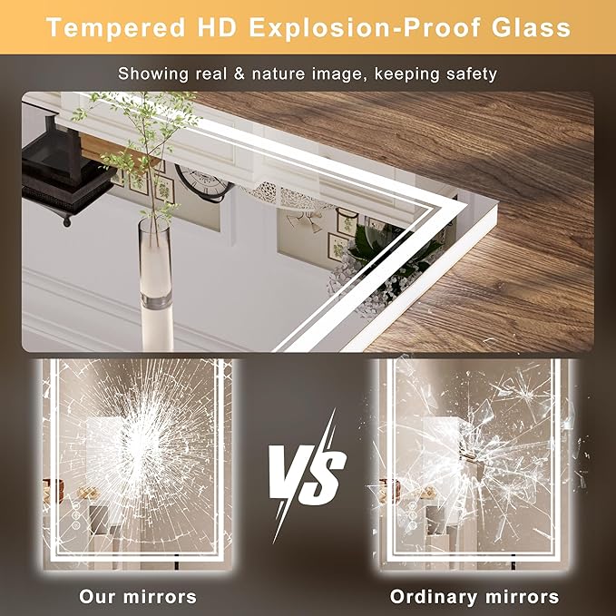 36''x24'' Lighted Mirrors for Bathroom Wall Backlit + Front Lit, Rectangular LED Bathroom Mirror Frameless with Lights Anti Fog, Dimmable, 3 Colors,Tempered Glass, Shatter-Proof (Color 1,)