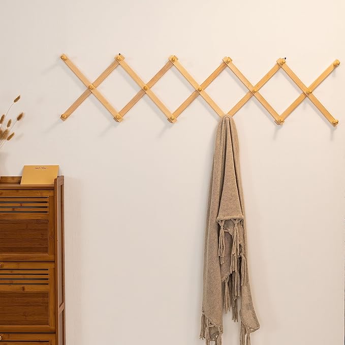 SKOLOO Hat Rack for Wall with 17 Hooks, Solid Wooden, Modern, Expandable Coat Rack Wall Mount for Coats, Hats, Bags, Baseball Caps, Natural Color