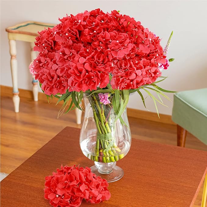 Auihiay 64pcs Hydrangea Artificial Flowers, Red Fake Hydrangea Flowers with Stems, Artificial Hydrangea Flowers for Wedding Centerpieces, Home Garden Party Decoration (Red)