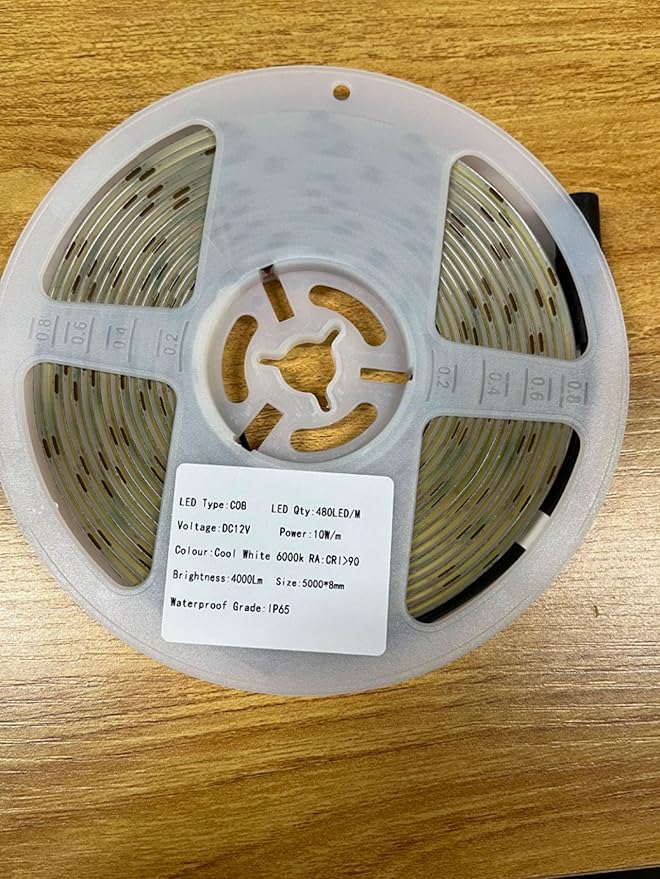 TOPAI 12V COB LED Strip Light 6000K Cool White Waterproof IP65 480LEDs/M Super Bright 4000Lm CRI>90 16.4ft/5M Self Adhesive Dotless Cuttable Flexible for Bedroom Cabinet DIY Lighting