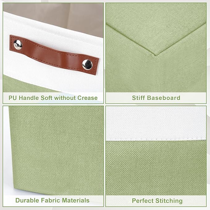 13x13 Cube Storage Bins, Collapsible Fabric Storage Box, 4 Pack Closet Baskets with Handles for Organizing, Shelf, Toys, Clothes, Home, Office, Nursery (Green&White)