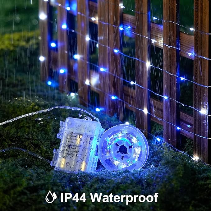 JMEXSUSS 2 Pack 100 LED Blue and White Fairy Lights Battery Operated, 33ft Blue and White Christmas Lights with Remote, 8 Modes Battery Powered Twinkle String Lights for Bedroom Christmas Tree Decor