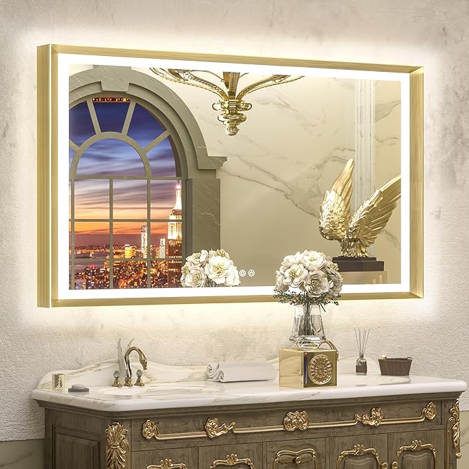 TETOTE 48x30 LED Bathroom Mirror with Lights Gold Metal Framed Front & Back Light Vanity Mirror Baroque Antifog Stepless Dimmable White/Warm/Natural,CRI90+,Waterproof,Wall Mounted(Horizontal/Vertical)