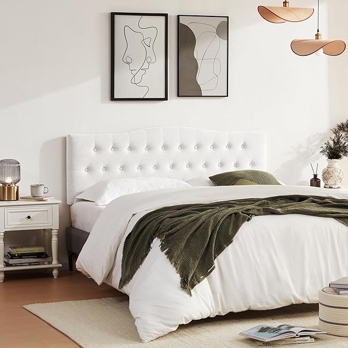Tufted Upholstered Headboard California King, Sturdy and Durable Solid Wood Bed headboard, Fabric Headboard Adjustable Height from 37” to 51”, Button Diamond Design Head Board, White
