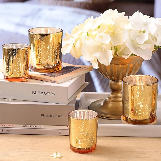 Volens 12pcs Assorted Gold Votive Candle Holders, Large Speckles Mercury Glass Votive & Tealight Candle Holder Bulk for Wedding Table Centerpiece, Gold Themed Party Decorations and Home Decor
