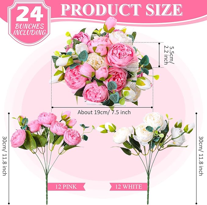 Hoteam 24 Bundles Artificial Peonies Flowers Wedding Faux Flowers Silk Peony Bouquet Bulk Bride Fake Florals Arrangements for Table Centerpieces Wedding Party Vase Decor (Light Pink, White)