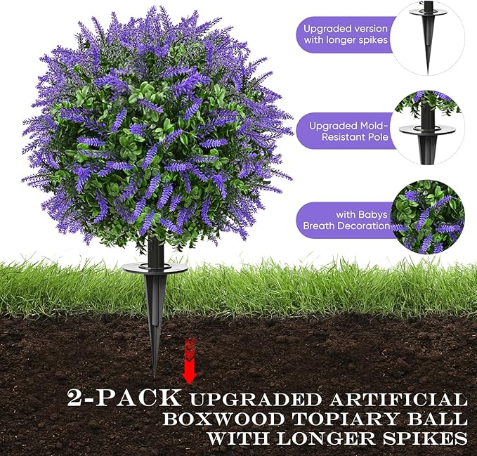 23" Set of 2 Artificial Boxwood Topiary Ball with Sunflower Flowers with Spikes for Outdoor, UV Resistant Faux Greenery Shrubs, Realistic Fake Bushes Plants for Garden, Yard, Front Porch, Patio Decor