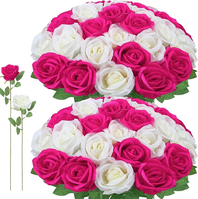 72 Pcs Hot Pink, White Artificial Roses, Bulk Fake Silk Flowers for Wedding Arch, Centerpieces, Vase Filler, Party Decor (36 Pink + 36 White)